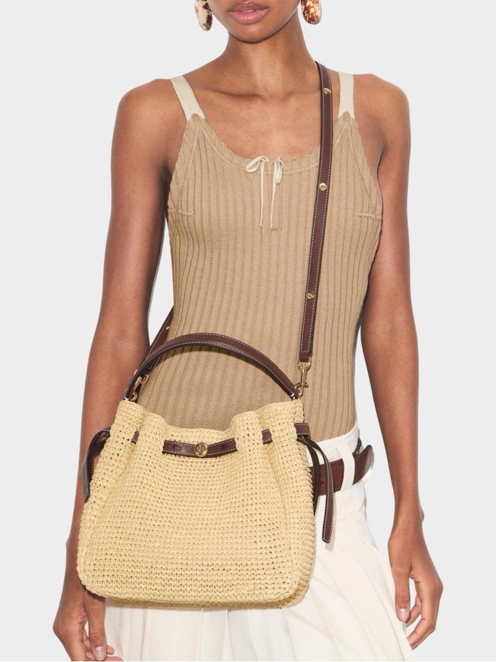 Tory Burch Romy Straw Bucket Bag Woven Straw Top-Handle Crossbody Bag - Beige